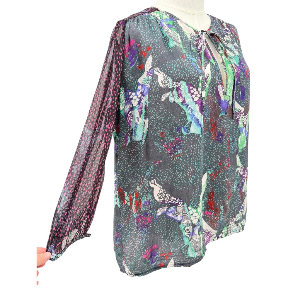 Custo Barcelona Womens Abstract Print Keyhole Tie Neck Chiffon Blouse 4 Flaw - Picture 3 of 8